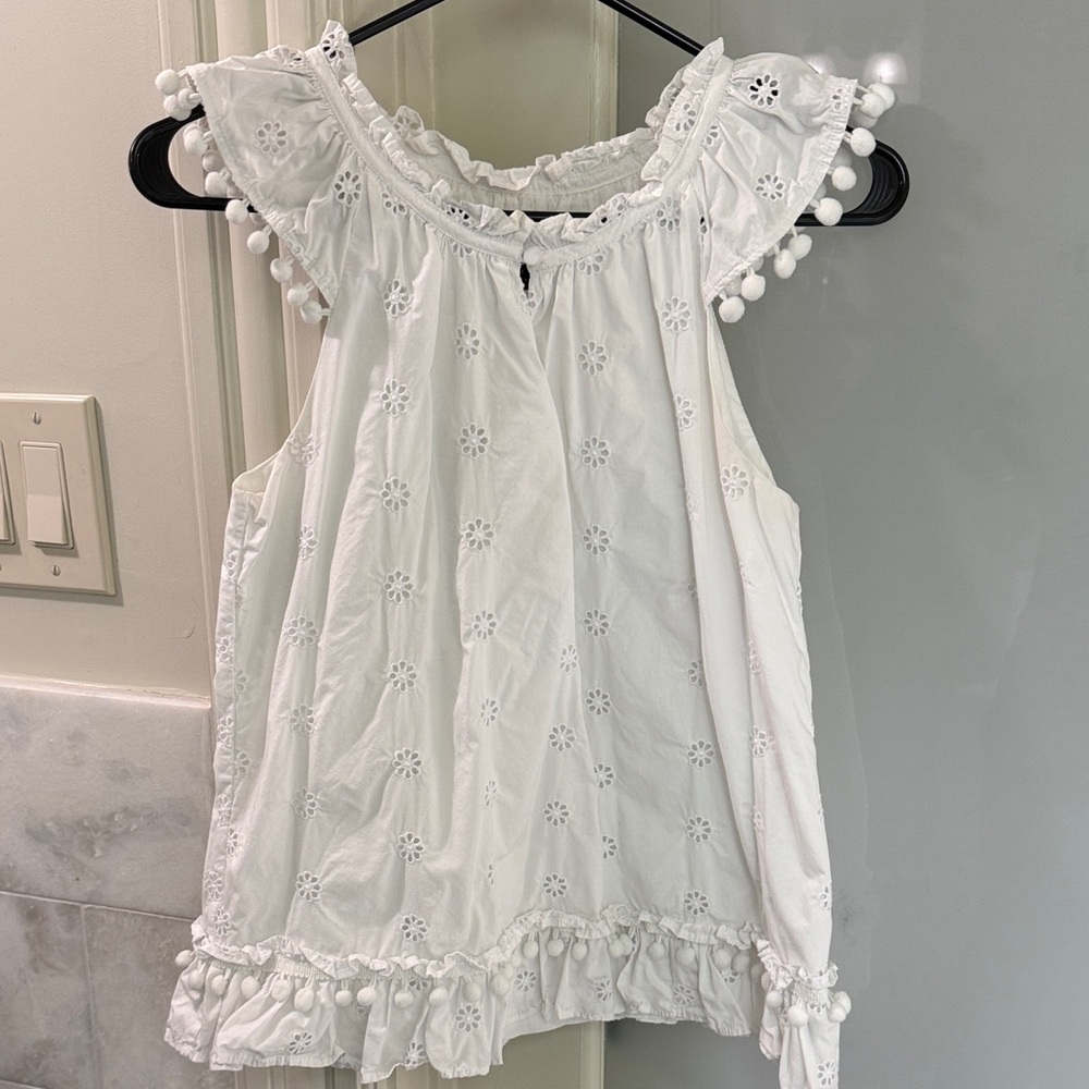 J Crew White Eyelet Pom-Pom Ruffle Sleeveless Top - Picture 1 of 5